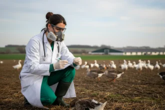 Veterinärin mit Atemschutzmaske bei einer Veterinär-Analyse zum H5N1 Ausbruch in Niedersachsen auf einem Gänsehof.