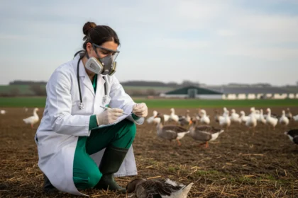 Veterinärin mit Atemschutzmaske bei einer Veterinär-Analyse zum H5N1 Ausbruch in Niedersachsen auf einem Gänsehof.