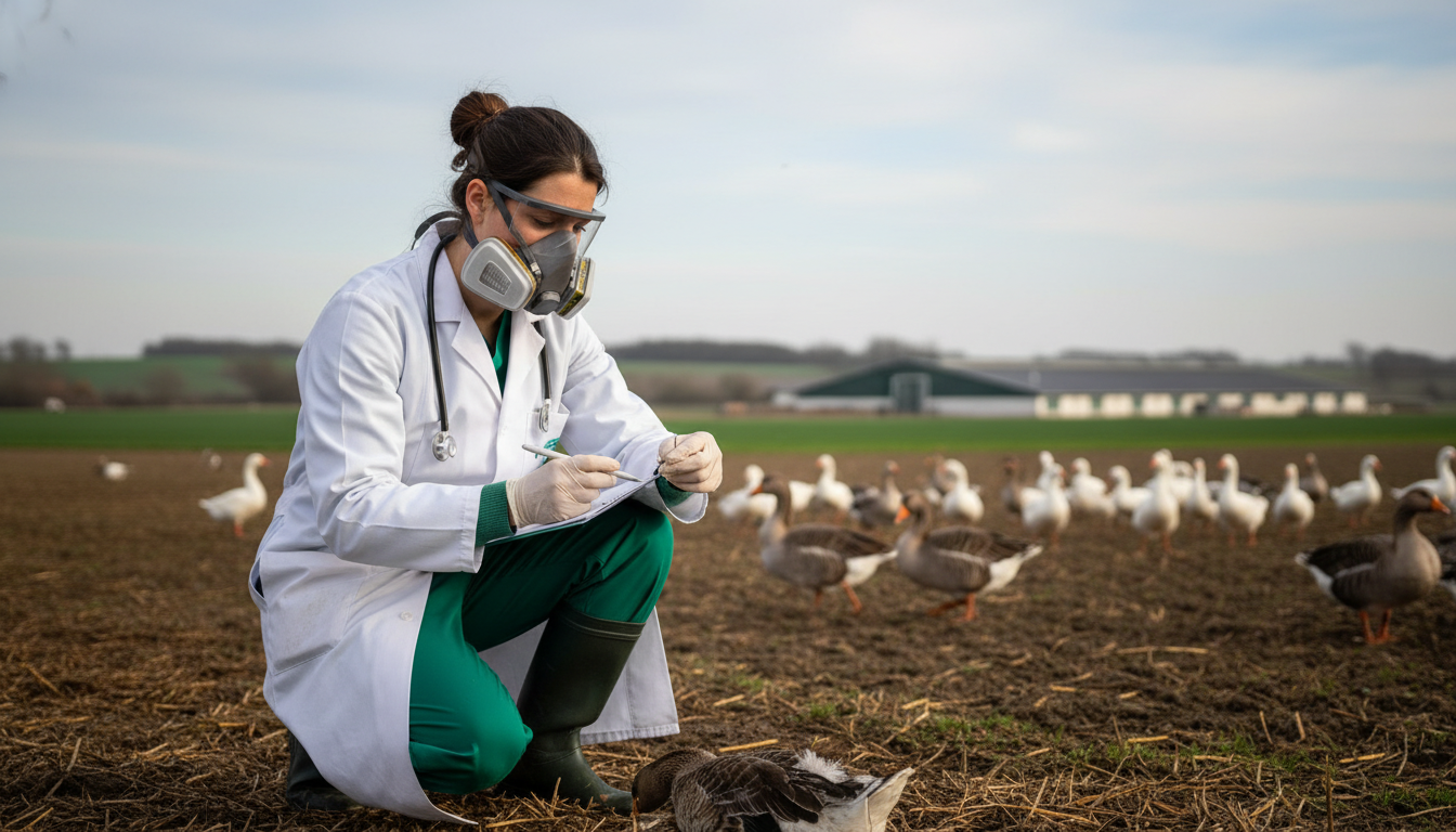 Veterinärin mit Atemschutzmaske bei einer Veterinär-Analyse zum H5N1 Ausbruch in Niedersachsen auf einem Gänsehof.