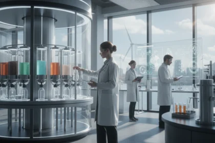 Wissenschaftler prüfen in einem futuristischen Hamburger Labor die nachhaltigen Luxury Refill Hubs im Wissenschafts-Check.