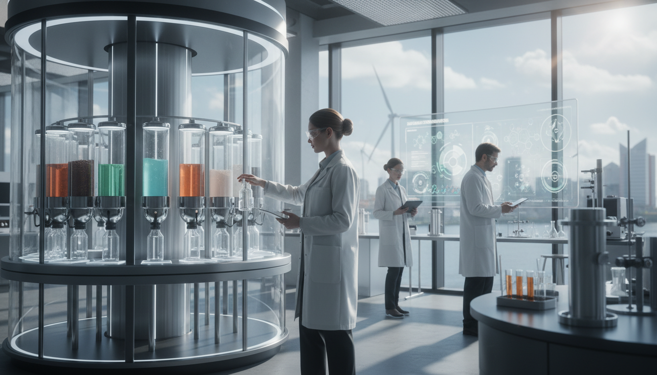 Wissenschaftler prüfen in einem futuristischen Hamburger Labor die nachhaltigen Luxury Refill Hubs im Wissenschafts-Check.