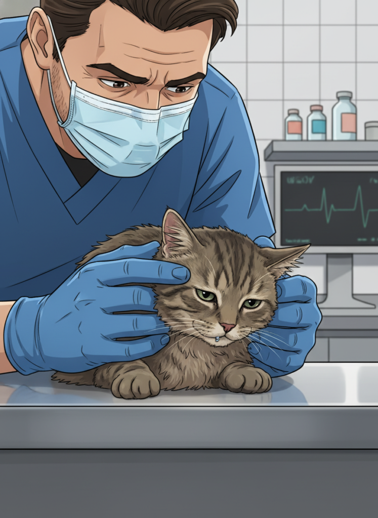 Tierarzt untersucht eine kranke Katze auf mögliche neurologische Symptome und Atemnot.