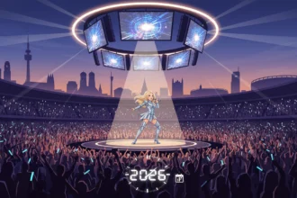 Helene Fischer auf der 360° Tour 2026 Bühne in München vor jubelnden Fans im Stadion zum Vorverkauf.