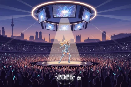 Helene Fischer auf der 360° Tour 2026 Bühne in München vor jubelnden Fans im Stadion zum Vorverkauf.