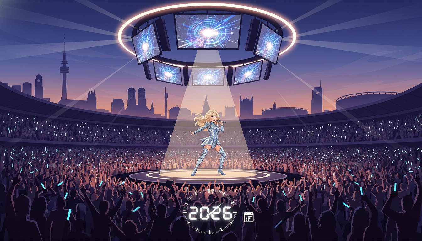 Helene Fischer auf der 360° Tour 2026 Bühne in München vor jubelnden Fans im Stadion zum Vorverkauf.