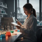 Forscherin führt In-Cosmetics Global 2026 Paris Rohstoff-Analyse im Labor mit Blick auf den Eiffelturm durch.