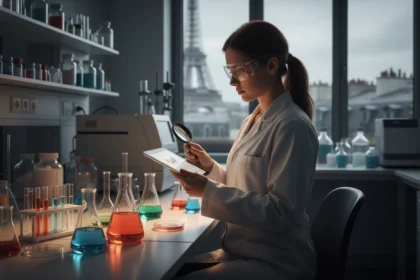 Forscherin führt In-Cosmetics Global 2026 Paris Rohstoff-Analyse im Labor mit Blick auf den Eiffelturm durch.