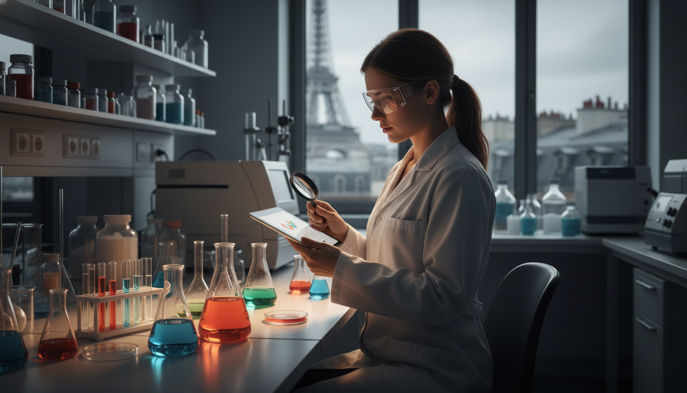 Forscherin führt In-Cosmetics Global 2026 Paris Rohstoff-Analyse im Labor mit Blick auf den Eiffelturm durch.
