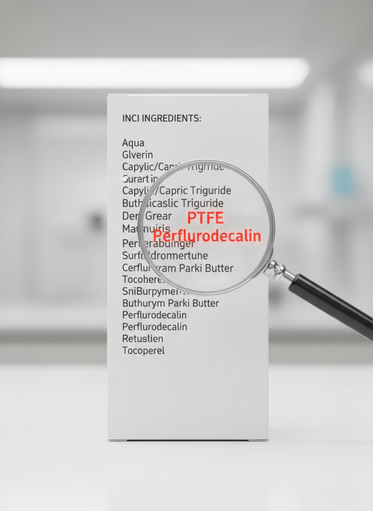 Infografik einer INCI-Liste mit hervorgehobenen Fluorverbindungen und PFAS