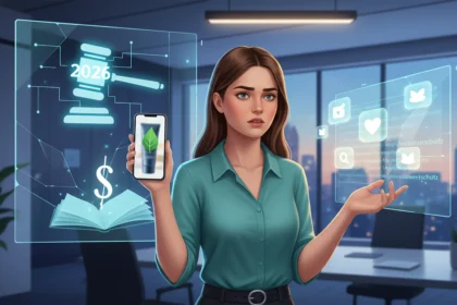 Frau analysiert UWG-Novelle 2026 und Influencer Greenwashing im Beauty-Check vor digitalen Anzeigen im modernen Büro.