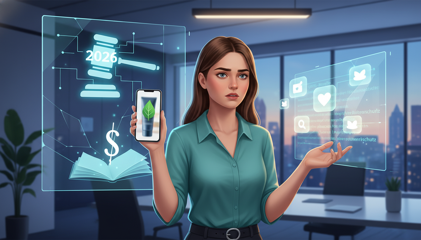 Frau analysiert UWG-Novelle 2026 und Influencer Greenwashing im Beauty-Check vor digitalen Anzeigen im modernen Büro.