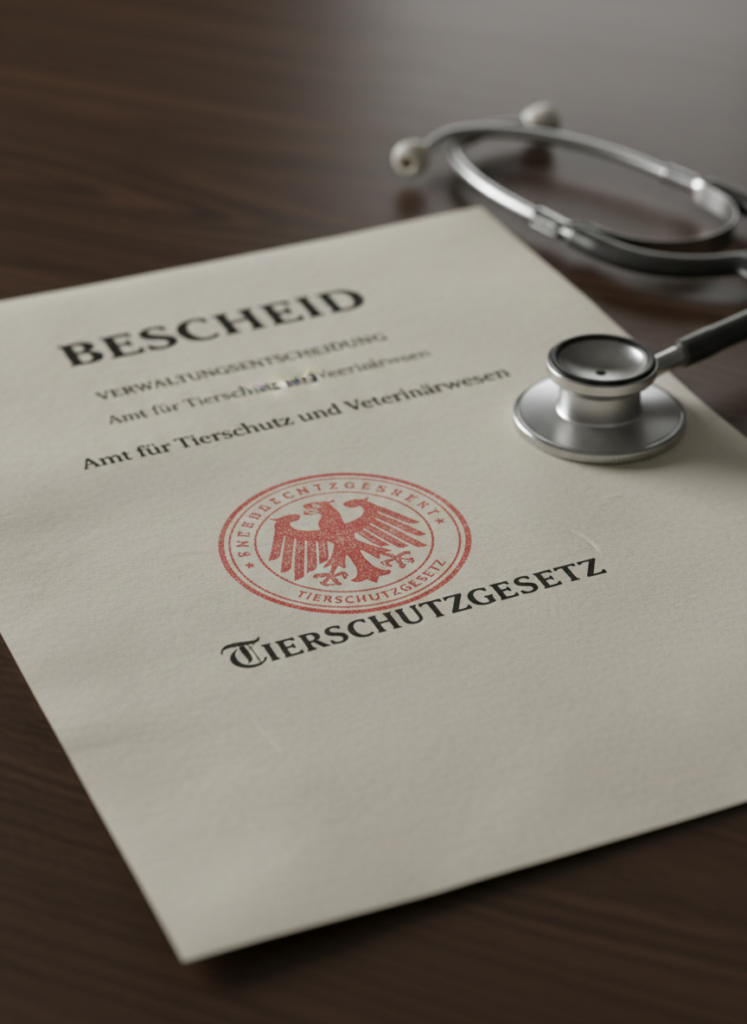Offizielles behördliches Dokument und Stethoskop symbolisieren das Berliner Qualzucht-Urteil