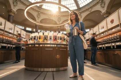 Frau nutzt nachhaltige Circular Refill Systeme im KaDeWe Berlin für den ultimativen Test mit Mehrwegbehältern.