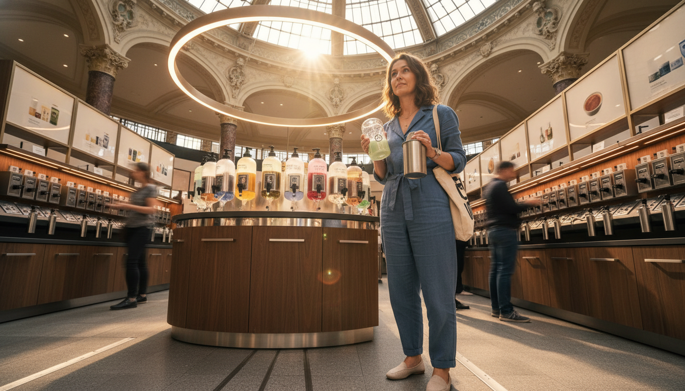 Frau nutzt nachhaltige Circular Refill Systeme im KaDeWe Berlin für den ultimativen Test mit Mehrwegbehältern.