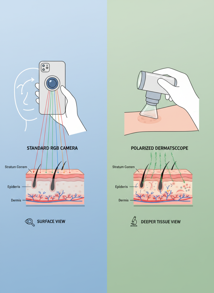 Vergleich der Lichtdurchdringung bei Smartphone-Kameras und medizinischen Dermatoskopen