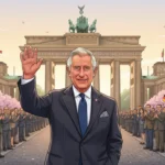 König Charles III. winkt vor dem Brandenburger Tor in Berlin, umgeben von klatschendem Publikum und rosa Kirschblüten.