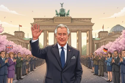 König Charles III. winkt vor dem Brandenburger Tor in Berlin, umgeben von klatschendem Publikum und rosa Kirschblüten.