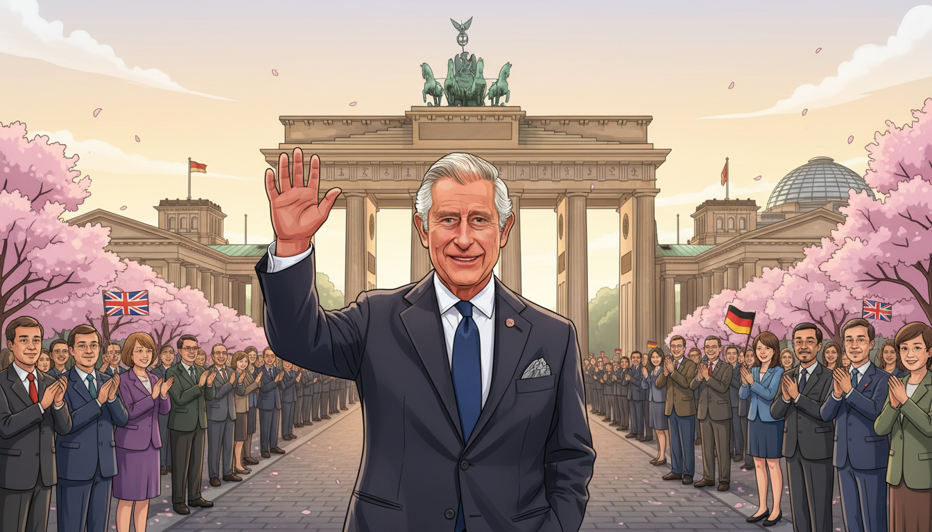 König Charles III. winkt vor dem Brandenburger Tor in Berlin, umgeben von klatschendem Publikum und rosa Kirschblüten.
