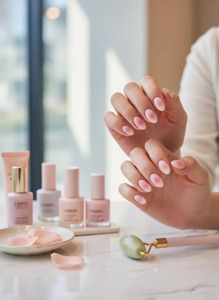 Gepflegte Hände mit Blush Nails im Stil koreanischer Beautytrends, bei denen rosa Farbe sanft nach außen verblendet ist.