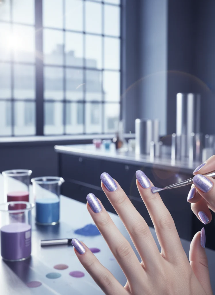 Kühles Lavendel mit perlmuttartigem Chrom-Puder auf Nägeln, das futuristische Brillanz im Märzlicht ausstrahlt.