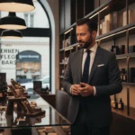 Suited man in a high-end boutique during the Luxus Men's Grooming Bars expansion into the DACH 2026 market.