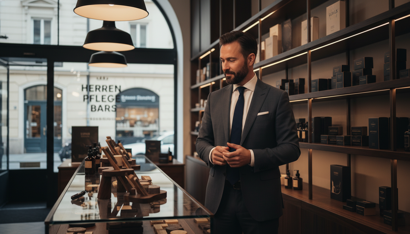 Suited man in a high-end boutique during the Luxus Men's Grooming Bars expansion into the DACH 2026 market.