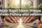 Kreative März Nagel-Ideen mit Blumenmustern und Pastellfarben auf Händen vor einem sonnigen Frühlingsfenster.