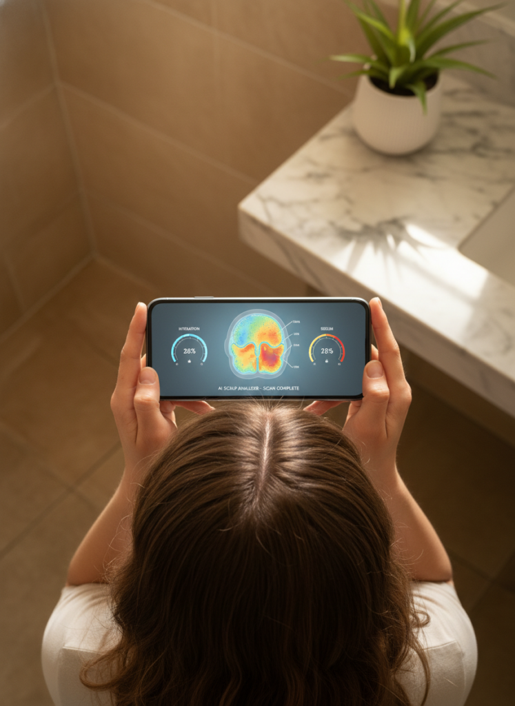Person führt eine KI-gestützte Kopfhaut-Analyse per Smartphone durch.
