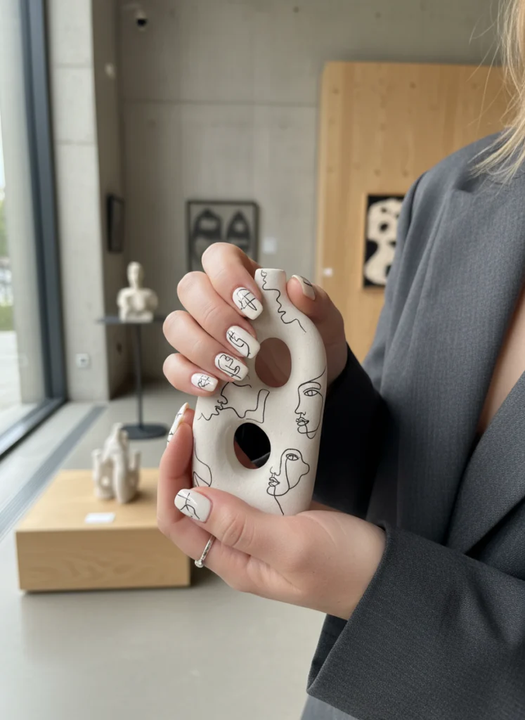 Hauchdünne schwarze Gesichtskonturen auf cremefarbener Basis spiegeln zeitlose Kontraste für Kunstliebhaber wider.