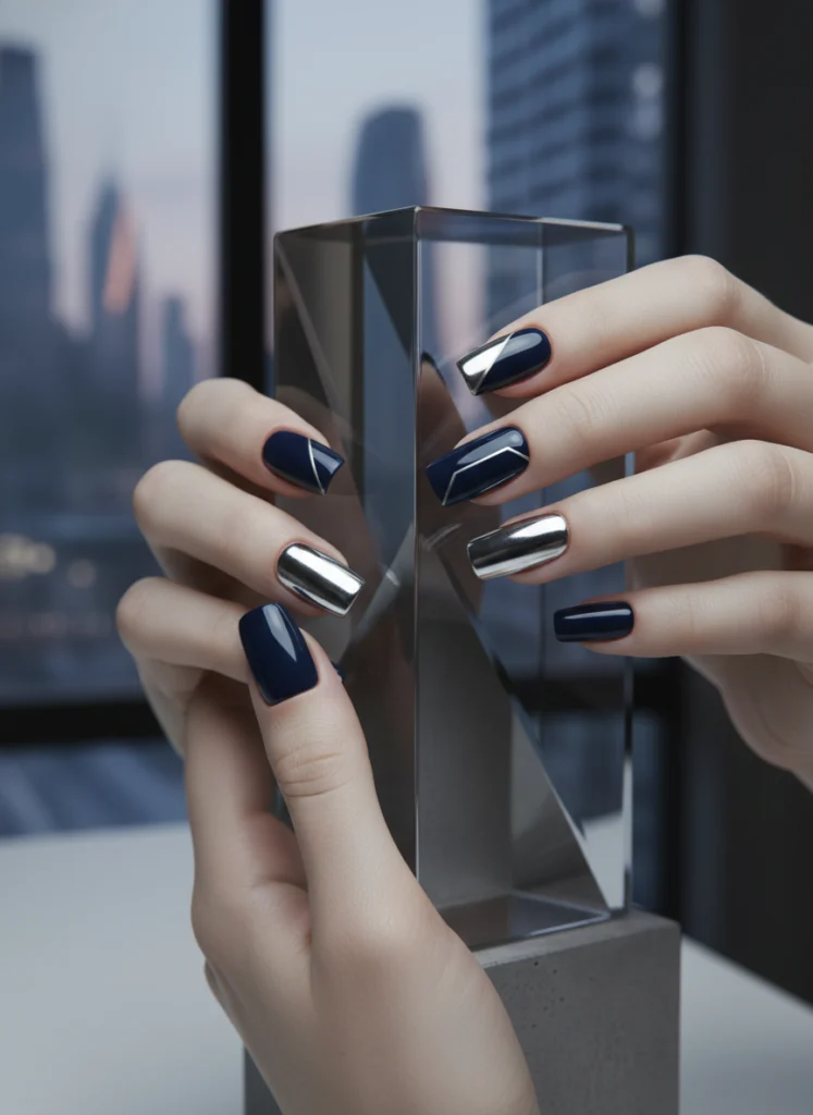 Moderne Fingernägel in tiefem Mitternachtsblau und Silber-Chrom, architektonisch inspiriert vor einer Stadt-Skyline.