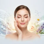 Frau mit geschlossenen Augen zwischen Nervengrafiken und Heilpflanzen zur Beruhigung von Stress-Haut durch Neuro-Kosmetik.
