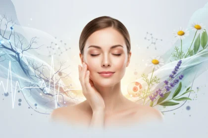 Frau mit geschlossenen Augen zwischen Nervengrafiken und Heilpflanzen zur Beruhigung von Stress-Haut durch Neuro-Kosmetik.