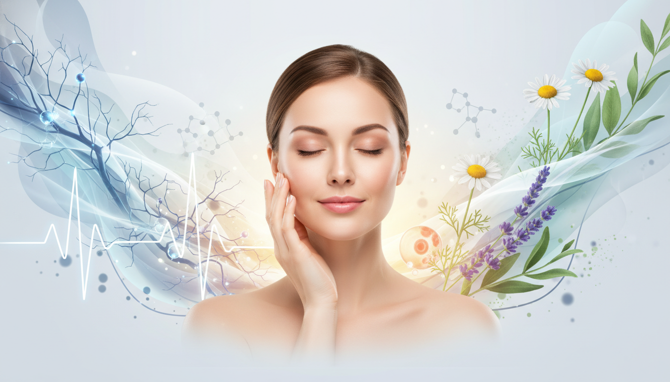 Frau mit geschlossenen Augen zwischen Nervengrafiken und Heilpflanzen zur Beruhigung von Stress-Haut durch Neuro-Kosmetik.