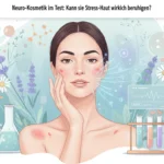 Frau mit geröteter Stress-Haut wird durch Neuro-Kosmetik beruhigt, dargestellt mit Pflanzen und Laborelementen.