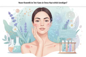 Frau mit geröteter Stress-Haut wird durch Neuro-Kosmetik beruhigt, dargestellt mit Pflanzen und Laborelementen.