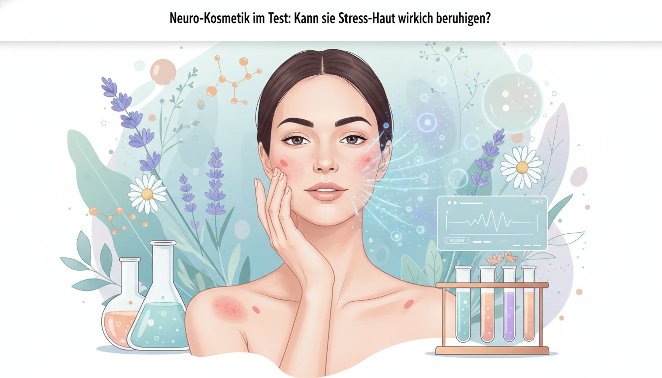 Frau mit geröteter Stress-Haut wird durch Neuro-Kosmetik beruhigt, dargestellt mit Pflanzen und Laborelementen.