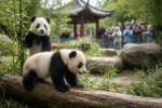 Zwei spielende Panda-Nachwuchs Bären im Berliner Zoo erreichen auf Baumstämmen ihren zweiten großen Meilenstein.