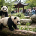 Zwei spielende Panda-Nachwuchs Bären im Berliner Zoo erreichen auf Baumstämmen ihren zweiten großen Meilenstein.