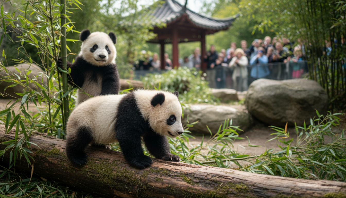 Zwei spielende Panda-Nachwuchs Bären im Berliner Zoo erreichen auf Baumstämmen ihren zweiten großen Meilenstein.