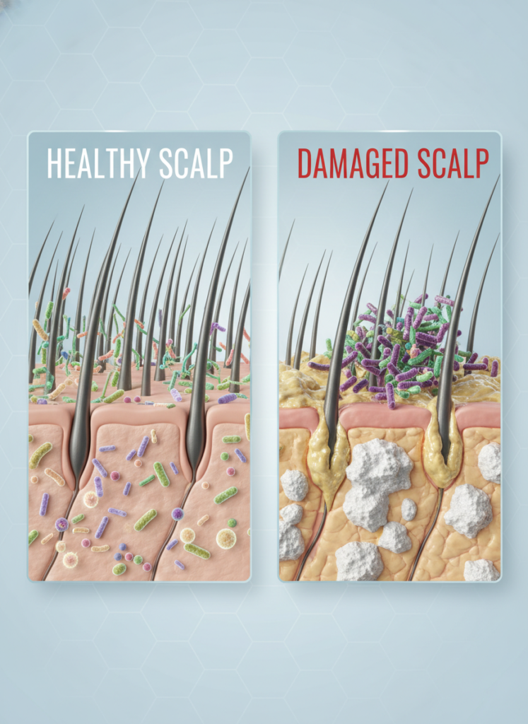 Wissenschaftlicher Vergleich einer gesunden Kopfhaut und einer geschädigten Kopfhaut mit Kalziumablagerungen.