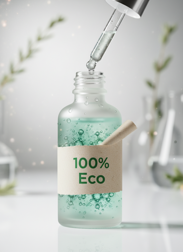 Nahaufnahme eines Kosmetikserums, dessen 'Eco'-Label abblättert und komplexe Inhaltsstoffe enthüllt.