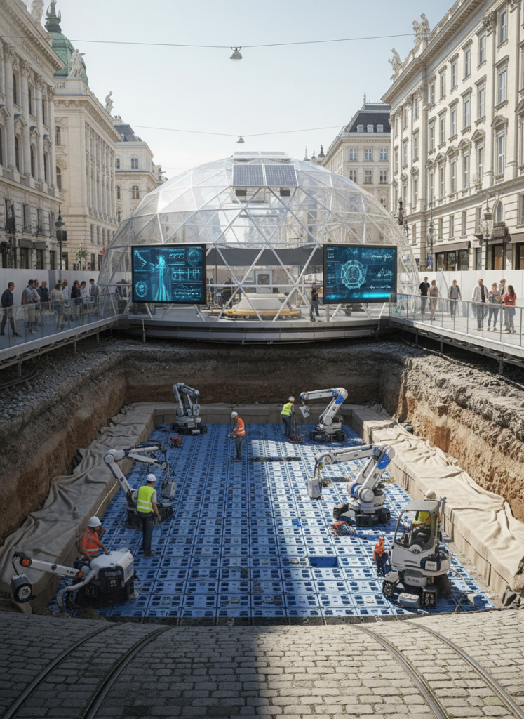 Baustelle des Wiener Climate Loop Rollouts mit sichtbaren unterirdischen Retentionsmodulen