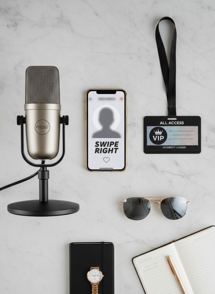Symbolbild Celebrity Dating: Smartphone, Podcast-Mikrofon und VIP-Pass