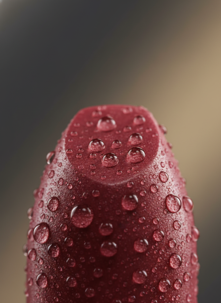 Makroaufnahme eines wasserabweisenden Lippenstifts, der die hydrophobe Wirkung von Filmbildnern zeigt