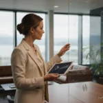 Frau in Zürich analysiert Quiet Beauty Wissenschaft und Daten an Glaswand für den Euro-Preisvergleich 2026.