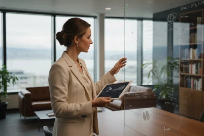 Frau in Zürich analysiert Quiet Beauty Wissenschaft und Daten an Glaswand für den Euro-Preisvergleich 2026.