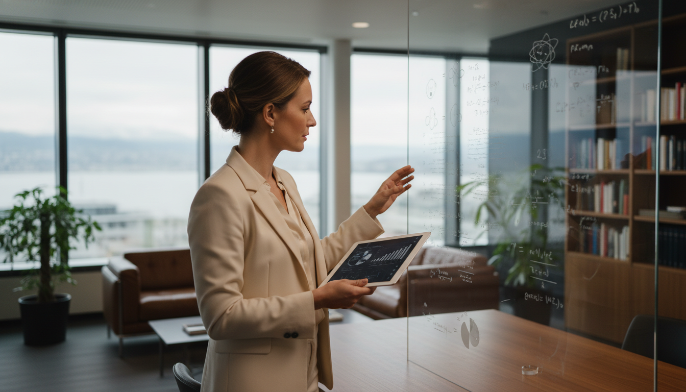 Frau in Zürich analysiert Quiet Beauty Wissenschaft und Daten an Glaswand für den Euro-Preisvergleich 2026.