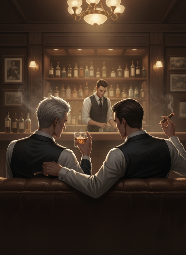 Zwei Männer im Gespräch in einer Bar, ein Symbol für geheime Promi-Dates