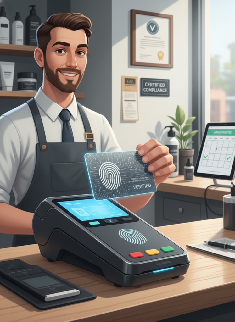 Digitale Ausweiskontrolle am Empfang eines modernen Barbershops