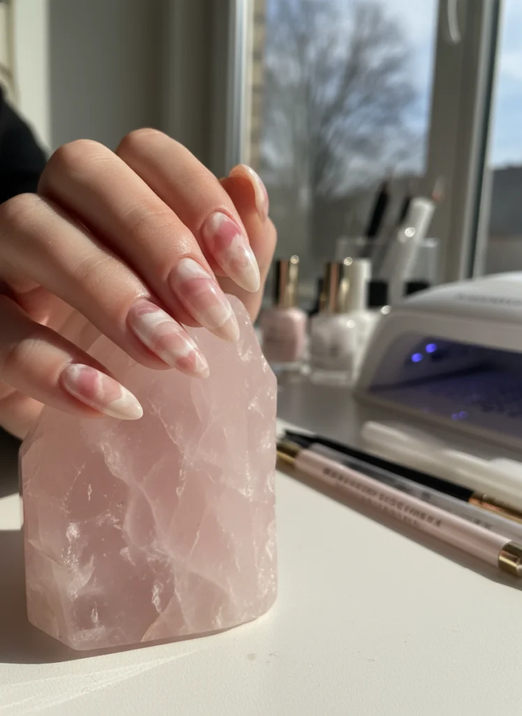 Rosenquarz-Schildpatt Nägel in Rosa- und Weißtönen auf einem echten Rosenquarz für mehrdimensionale Tiefe.